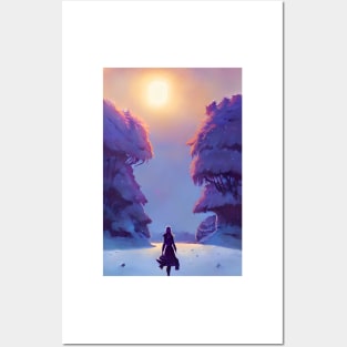 Anime Girl Sunshine Snowy Christmas Landscape Posters and Art